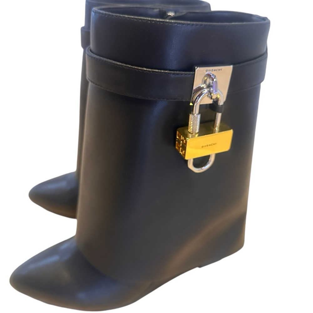 Authentic Givenchy Shark Lock Ankle Booties in Black Calfskin with 4G Padlock